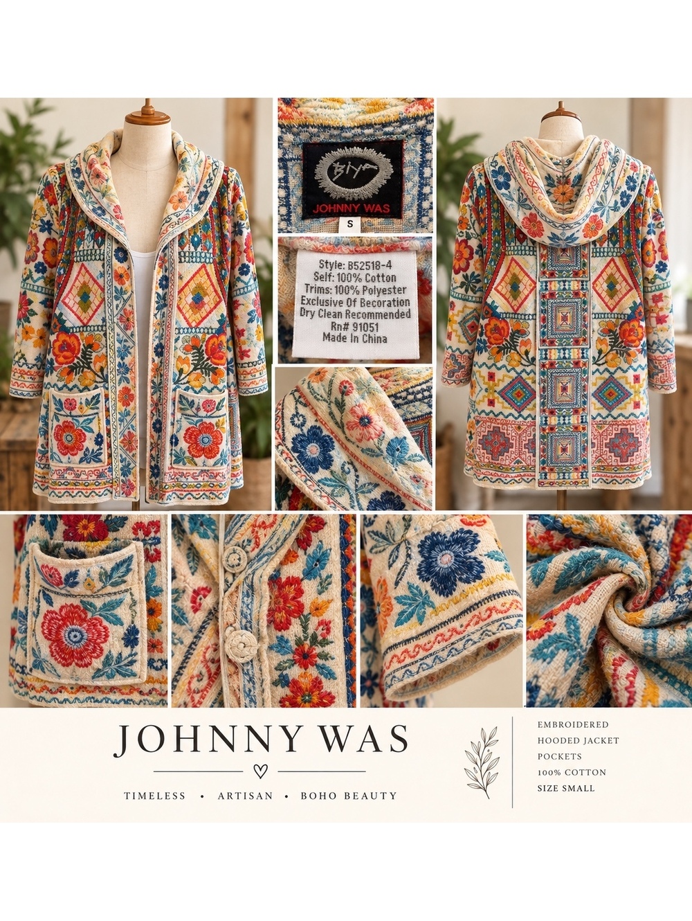 Johnny Was Embroidered Hooded Cotton Jacket Cardigan Size Small Boho Floral